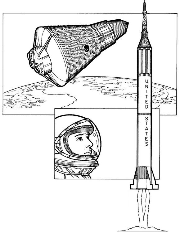 Alan Shepard, eertse amerikaan, 1961, kleurplaat van Ruimtevaart geschiedenis
