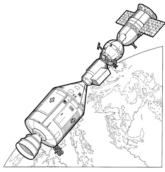 Apllo 18 en Soyuz 19 koppelen, 1975, kleurplaat van Ruimtevaart geschiedenis