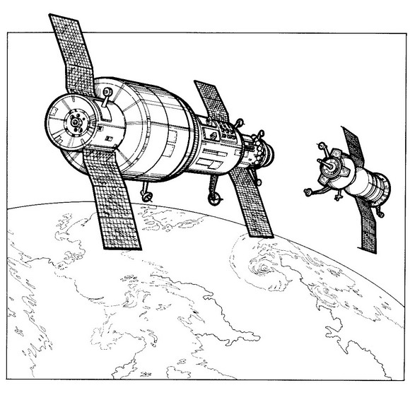 Salyut 7, spacelab, kleurplaat van Ruimtevaart geschiedenis