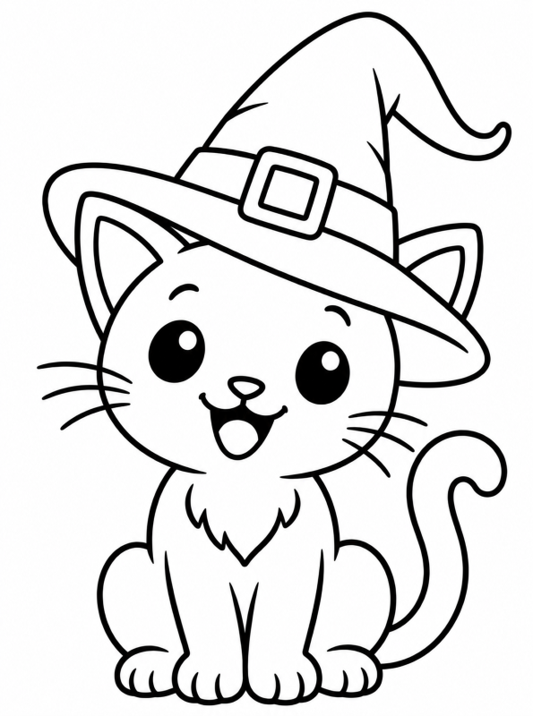 Schattige heksenkat om in te kleuren, kleurplaat van Halloween kleurplaten voor peuters