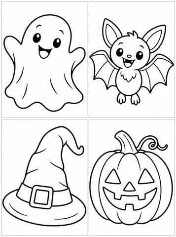 Vier schattige Halloweenfiguren, kleurplaat van Halloween kleurplaten voor peuters