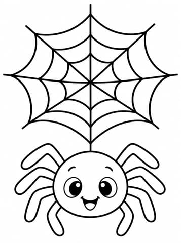 Vriendelijke spin in web, kleurplaat van Halloween kleurplaten voor peuters