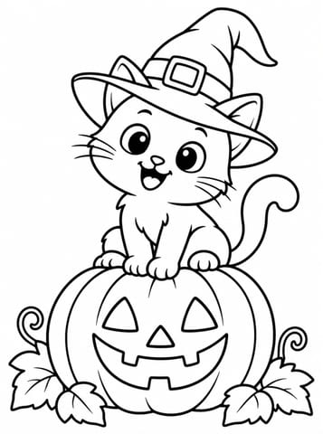 Vrolijk katje op een Halloweenpompoen, kleurplaat van Halloween kleurplaten voor peuters