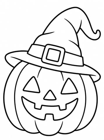 Vrolijke pompoen met heksenhoed, kleurplaat van Halloween kleurplaten voor peuters