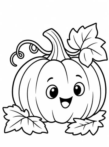 Vrolijke pompoen met herfstbladeren, kleurplaat van Halloween kleurplaten voor peuters