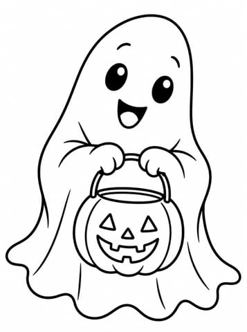 Vrolijke spook met pompoenmandje, kleurplaat van Halloween kleurplaten voor peuters