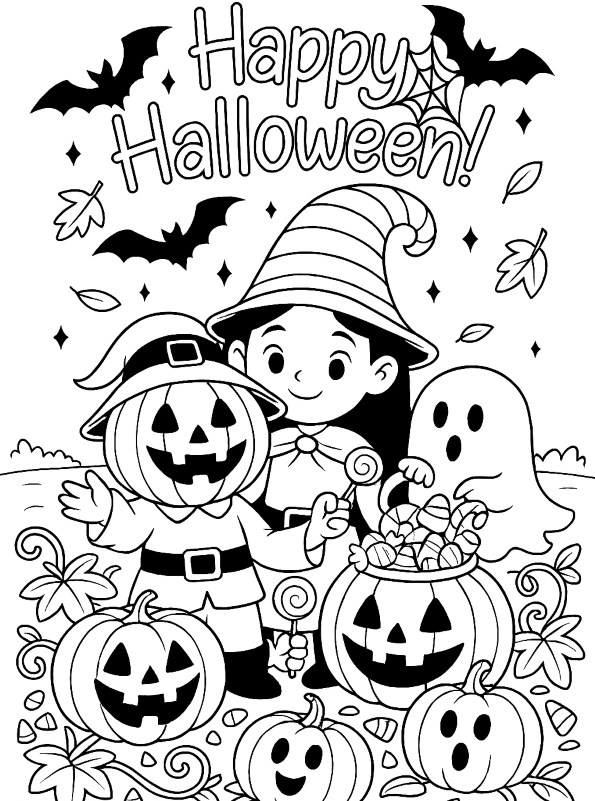 Iedereen viert halloween, kleurplaat van Happy halloween