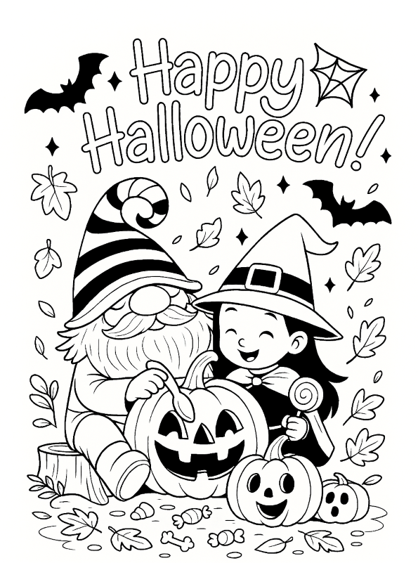 Kaboutertje en heksje, kleurplaat van Happy halloween