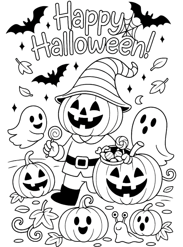 Pompoenkabouter, kleurplaat van Happy halloween