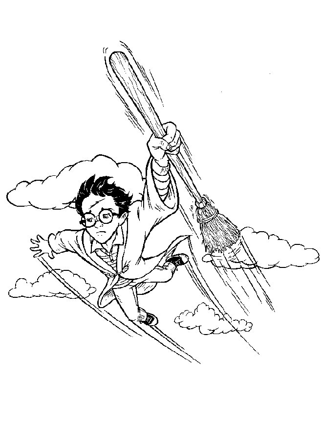 Harry Potter vliegt met de bezem, kleurplaat van Harry Potter