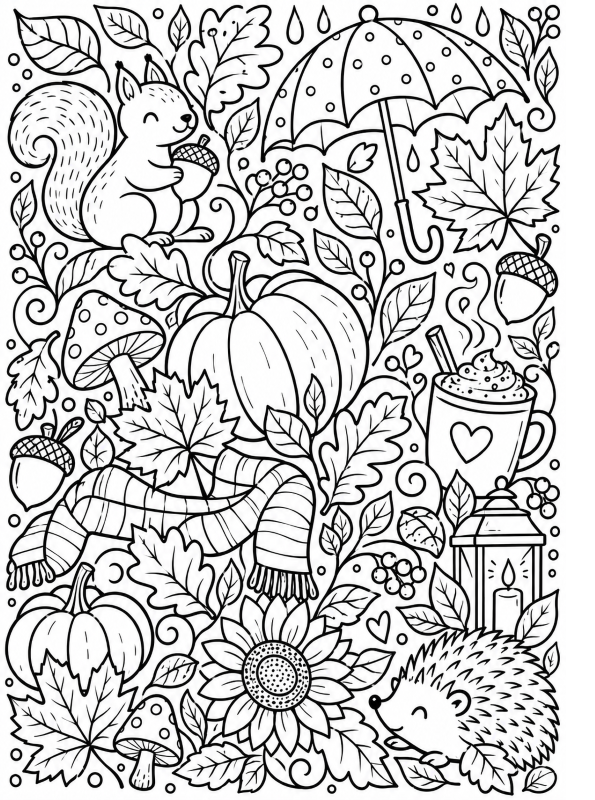 blaadjes pompoen, kleurplaat van Herfst doodles