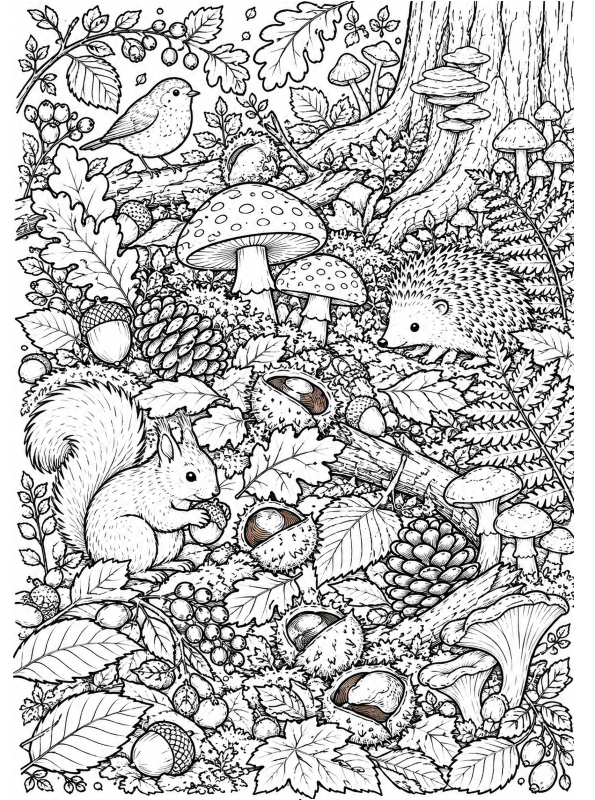 eekhoorn en egel, kleurplaat van Herfst doodles
