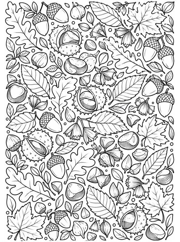 eikels kastanjes, kleurplaat van Herfst doodles