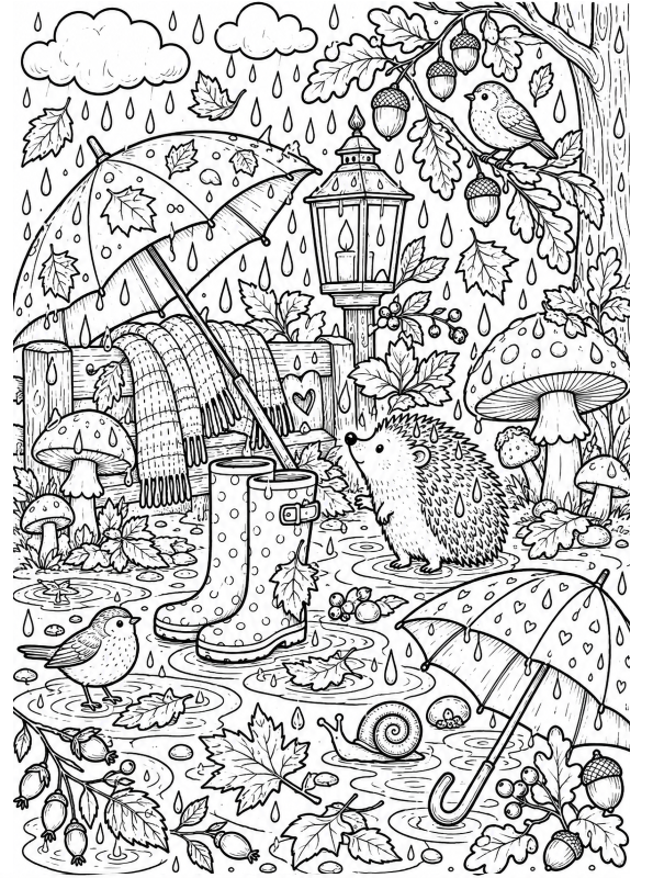 herfst regen, kleurplaat van Herfst doodles