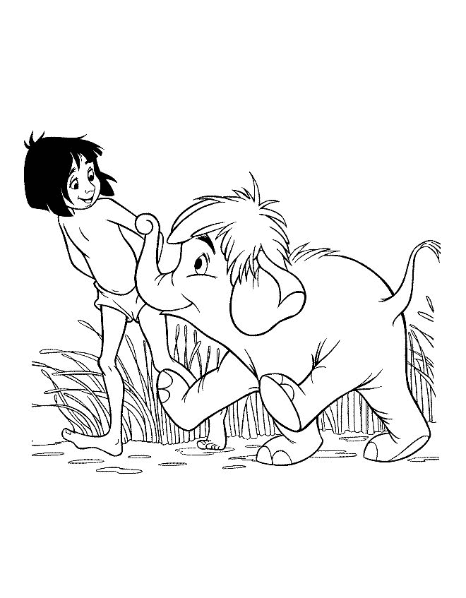 Print Mowgli en olifantje kleurplaat