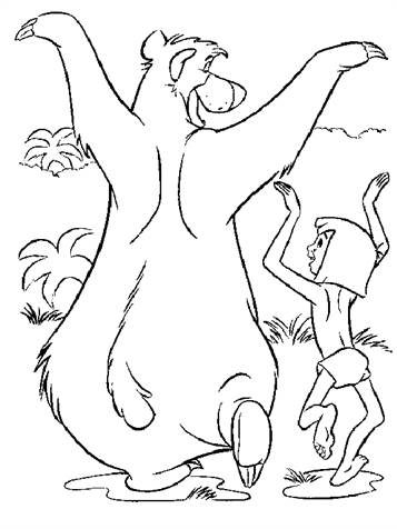 Baloe en Mowgli dansen, kleurplaat van Jungle Boek