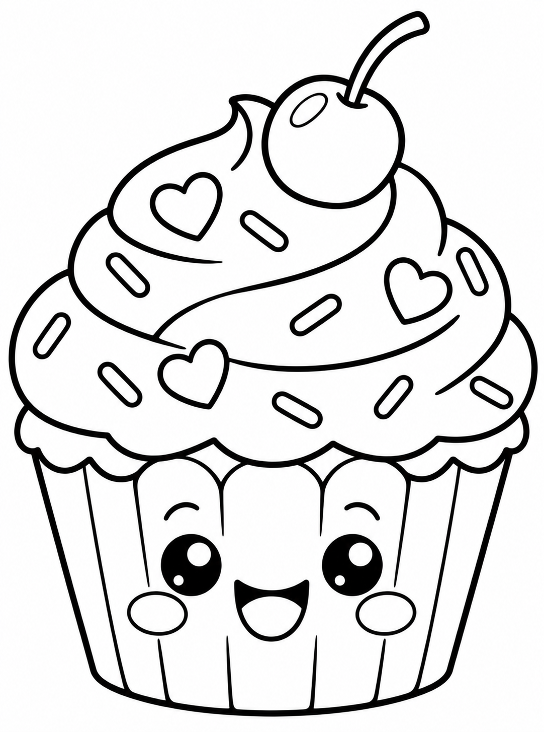 Kawaii Cupcake met Kers en Hartjes, kleurplaat van Kawaii schattig en eenvoudig