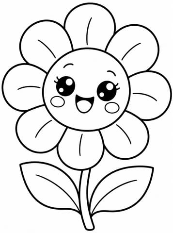 Blije Kawaii Bloem om in te Kleuren, kleurplaat van Kawaii schattig en eenvoudig