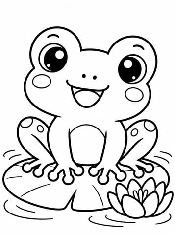 Blije kawaii kikker op waterlelie, kleurplaat van Kawaii schattig en eenvoudig