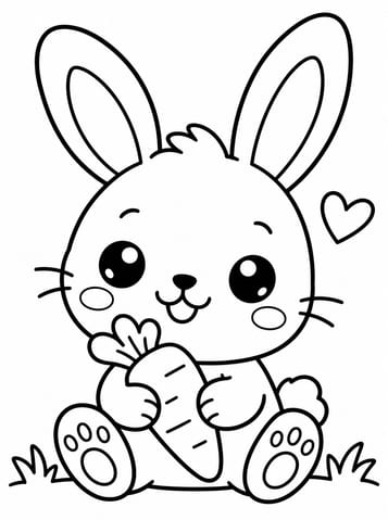 Kawaii konijntje met wortel kleurplaat, kleurplaat van Kawaii schattig en eenvoudig