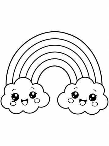 Kawaii regenboog met lachende wolken, kleurplaat van Kawaii schattig en eenvoudig