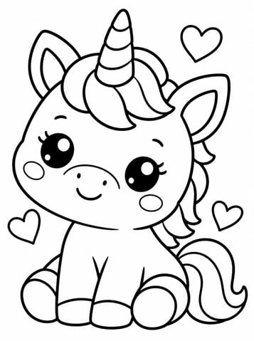Schattige Eenhoorn Kleurplaat met Hartjes, kleurplaat van Kawaii schattig en eenvoudig