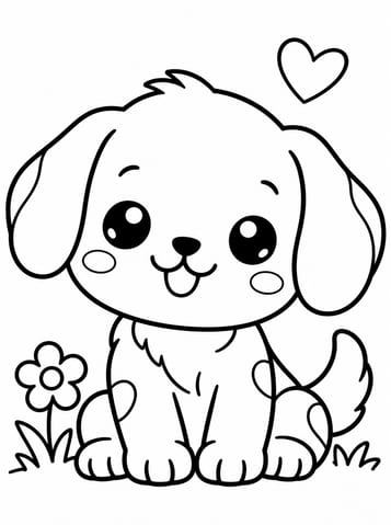 Schattige puppy met hart en bloem, kleurplaat van Kawaii schattig en eenvoudig