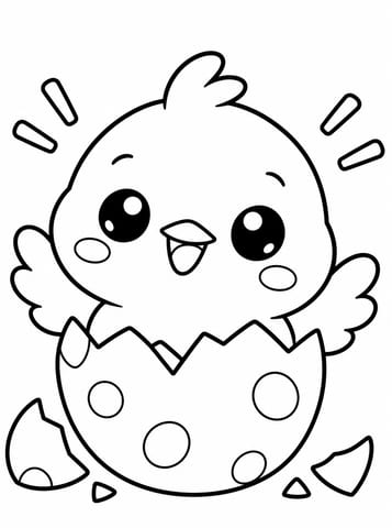 Vrolijk kuikentje uit eierschil, kleurplaat van Kawaii schattig en eenvoudig