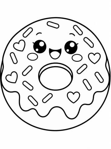 Vrolijke kawaii donut kleurplaat, kleurplaat van Kawaii schattig en eenvoudig