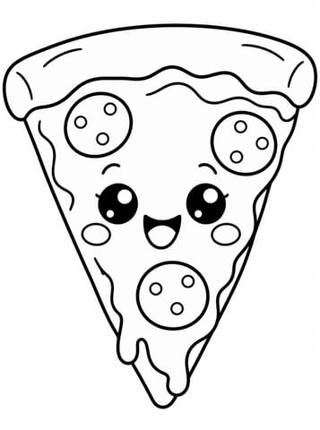 Vrolijke kawaii pizzapunt om in te kleuren, kleurplaat van Kawaii schattig en eenvoudig