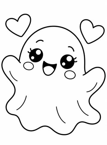 Vrolijke kawaii spookje met hartjes, kleurplaat van Kawaii schattig en eenvoudig