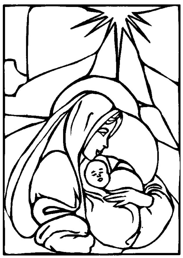 Maria en Jesus, kleurplaat van Bijbel Kerstverhaal