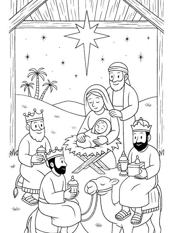 De koningen in de stal, kleurplaat van Kerstverhaal