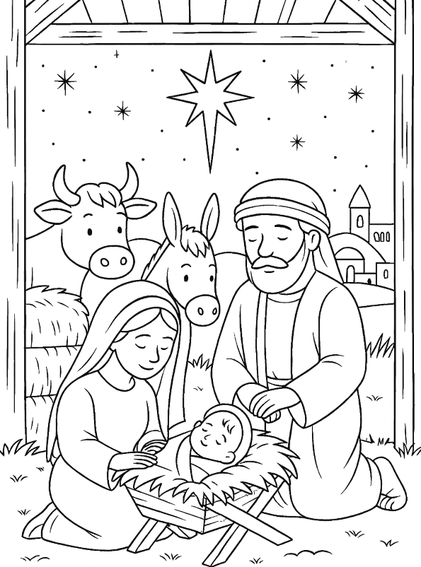 Jezus is geboren, kleurplaat van Kerstverhaal