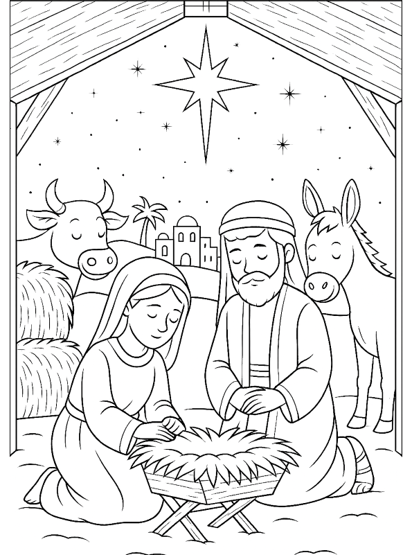 Jozef en Maria in de stal, kleurplaat van Kerstverhaal