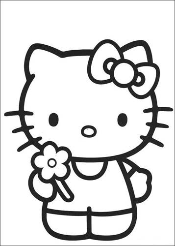 Kitty heeft een bloem geplukt, kleurplaat van Hello Kitty