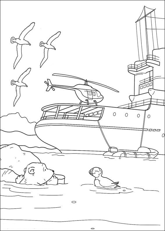 Kleine ijsbeer bij schip, kleurplaat van Lars de kleine ijsbeer op avontuur