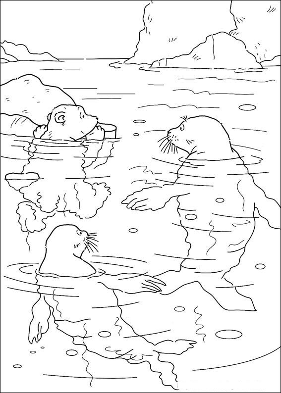 Kleine ijsbeer met zeehonden, kleurplaat van Lars de kleine ijsbeer