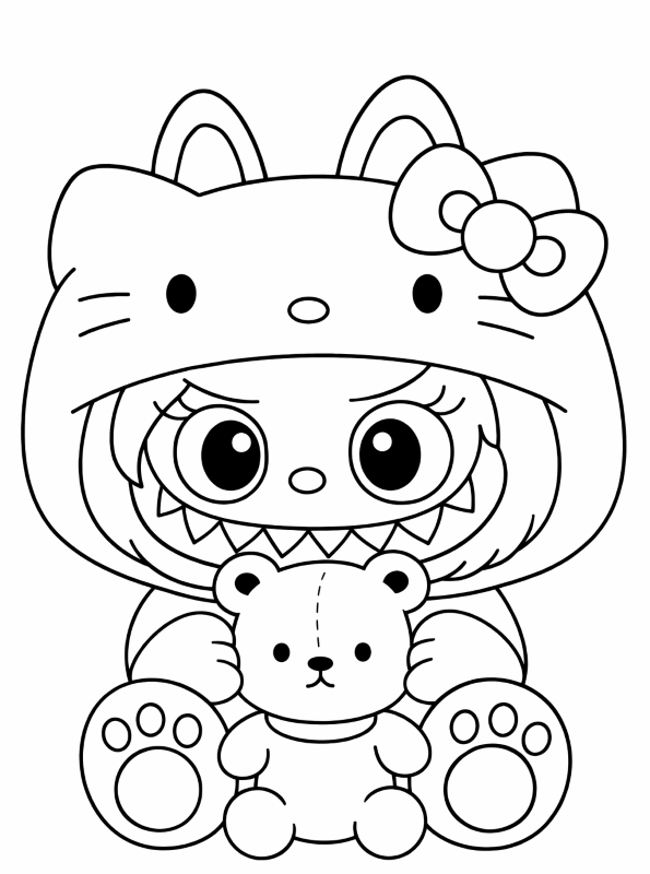 labubu hello kitty, kleurplaat van Labubu