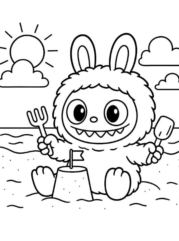labubu op het strand, kleurplaat van Labubu