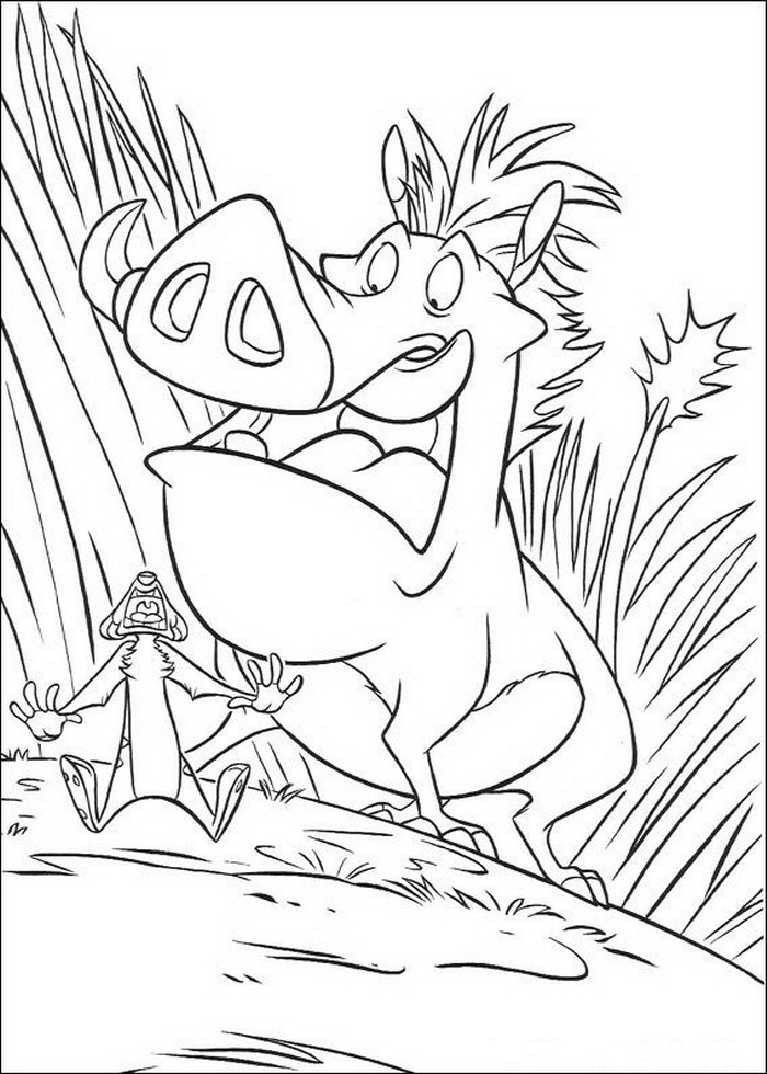 Pumba ziet Timon voor het eerst, kleurplaat van Lion King of de Leeuwenkoning