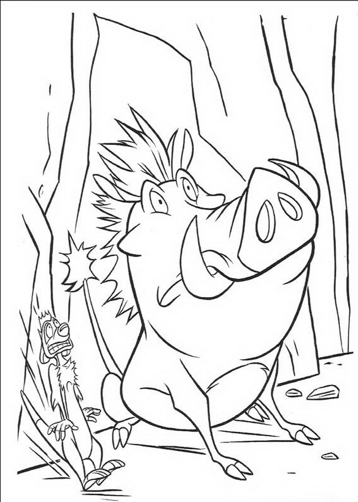 Pumba en Timon schrikken zich een hoedje, kleurplaat van Lion King of de Leeuwenkoning