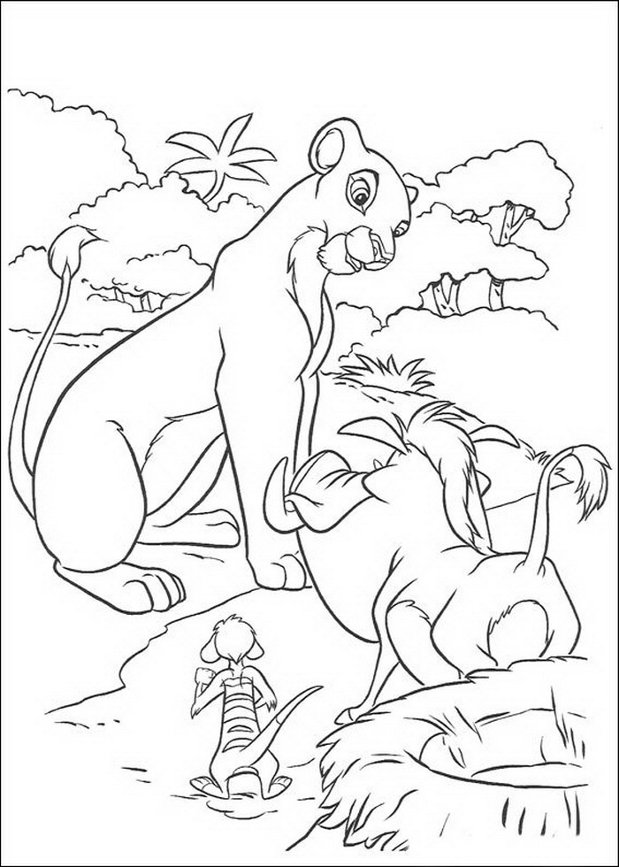 Nala praat met Timon en Pumba, kleurplaat van Lion King of de Leeuwenkoning