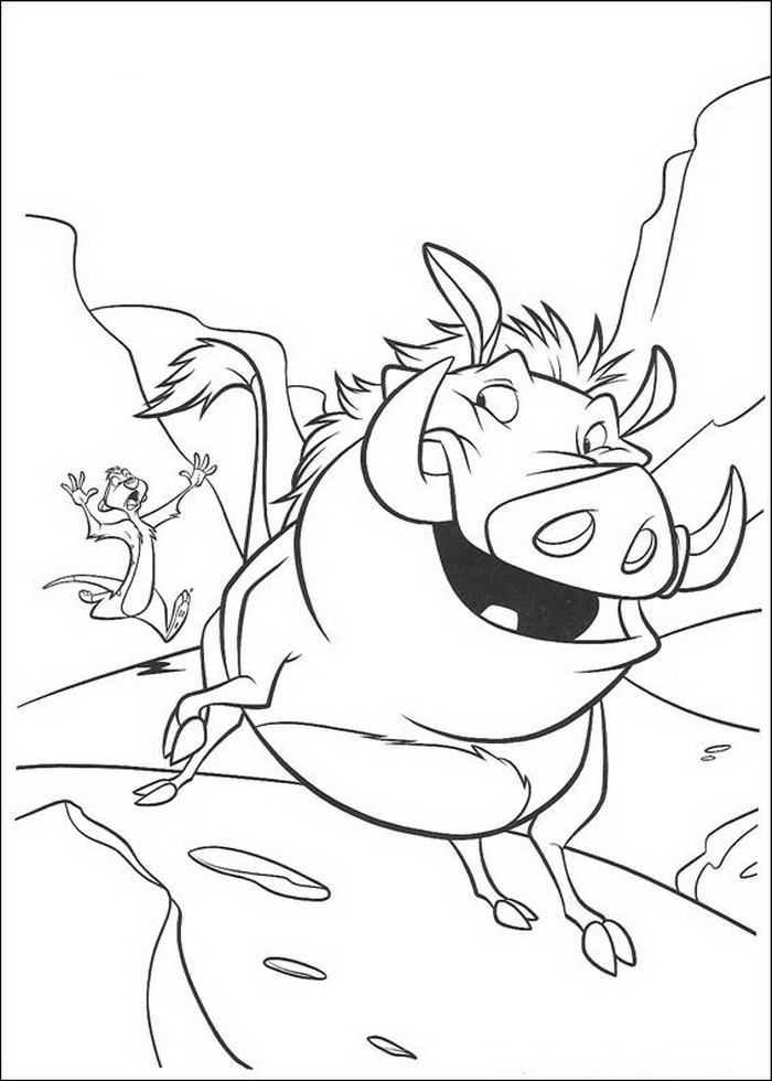 Pumba rent weg, kleurplaat van Lion King of de Leeuwenkoning