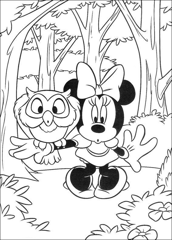 Minnie en een uil, kleurplaat van Mickey op safari