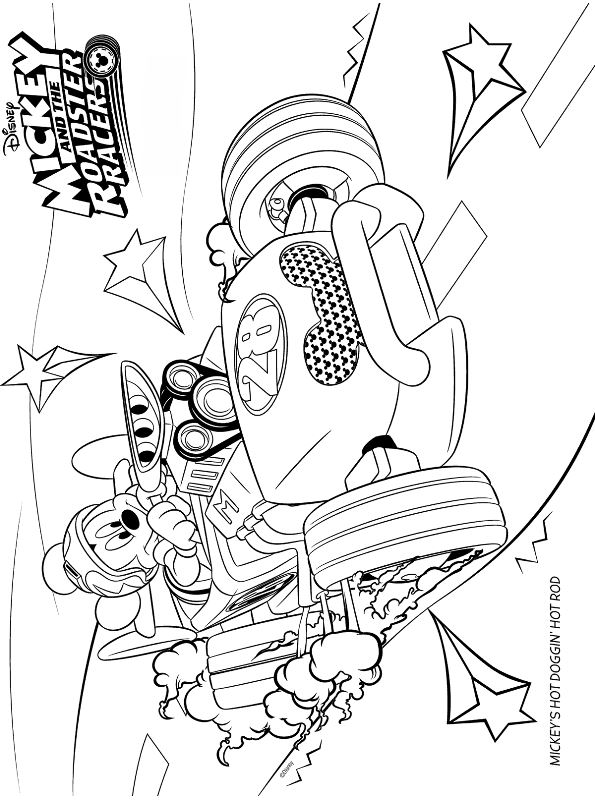 Mickey Hot Doggin Hot Rod, kleurplaat van Mickey en de Roadster Racers