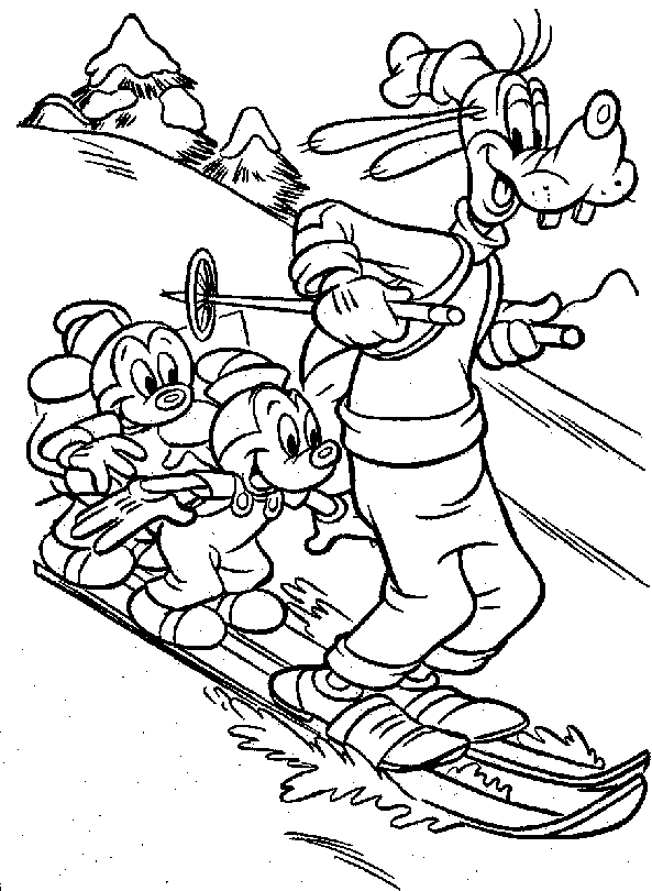 Print Goofy, Puck en Max skieen kleurplaat