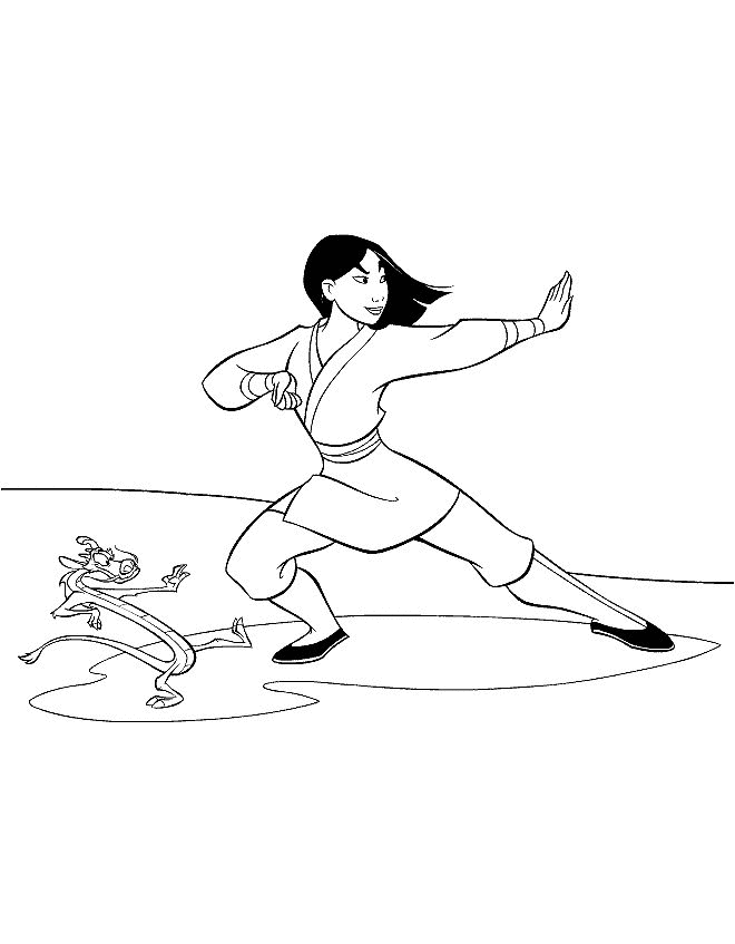 Print Mulan oefent vechtsport kleurplaat