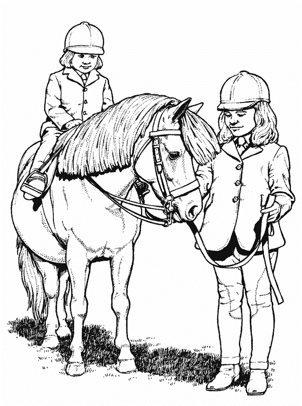 Print Kinderen rijden pony kleurplaat
