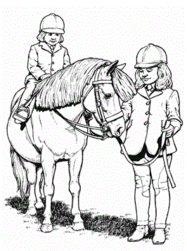 Kinderen rijden pony, kleurplaat van Paarden